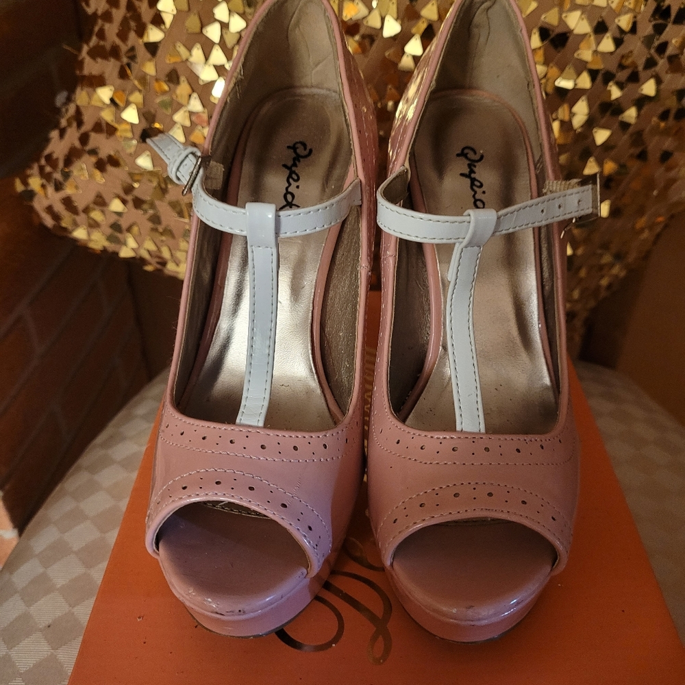Pink & White Faux Leather Heels